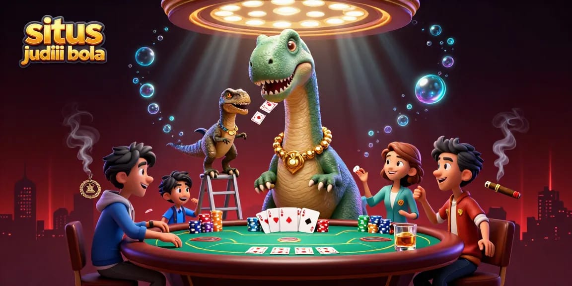 Engage with the situs judi bola scene featuring a brontosaurus and raptor in a dynamic poker table setup.