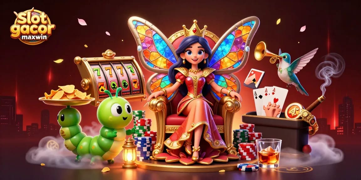Mainkan slot gacor maxwin dengan ratu kupu-kupu 3D dan elemen kasino yang megah.
