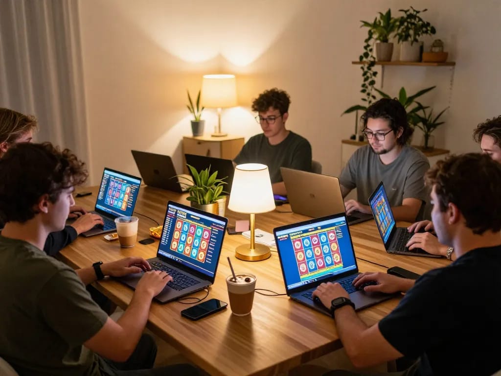 Players enjoying fun79 casino games on laptops in a cozy online gaming setup