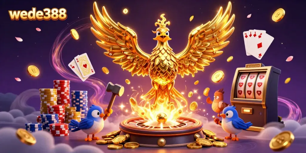 Wede388 menghadirkan ilustrasi kasino 3D dengan phoenix emas dan elemen slot yang menarik.