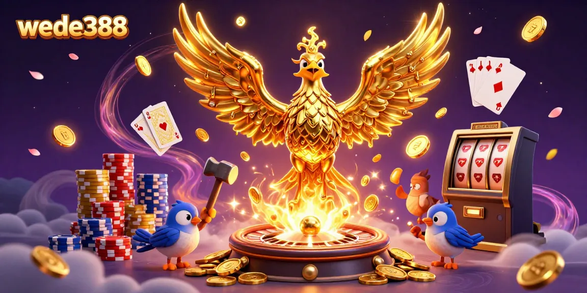 Wede388 menghadirkan ilustrasi kasino 3D dengan phoenix emas dan elemen slot yang menarik.