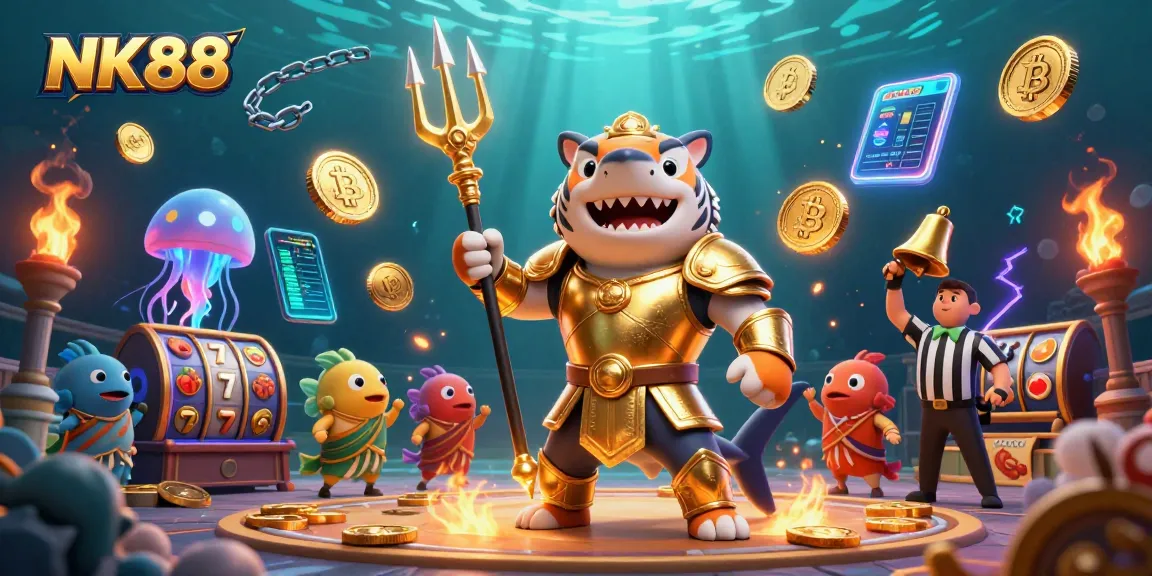 Win big with NK88 in an underwater casino scene featuring vibrant characters and crypto elements.