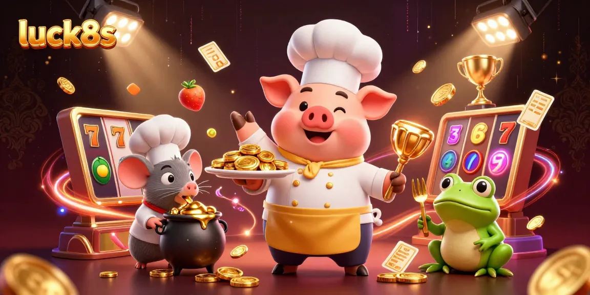 Engage with luck8s as the cartoon chef serves gold coins amidst vibrant casino elements for an exciting atmosphere.