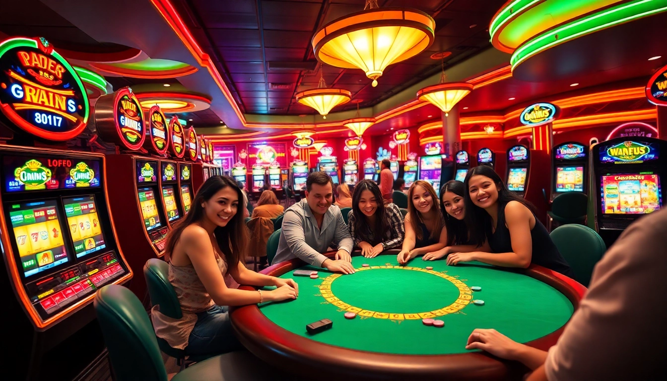 Bermain poker dengan tkp188 di kasino ramai, pancaran cahaya neon yang ceria.