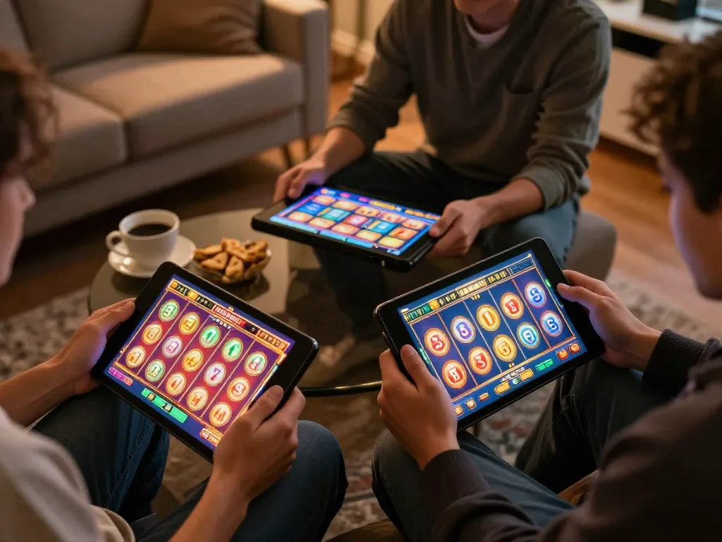 Engaging players experiencing online slots on IDC88JOKER in a cozy home setting.