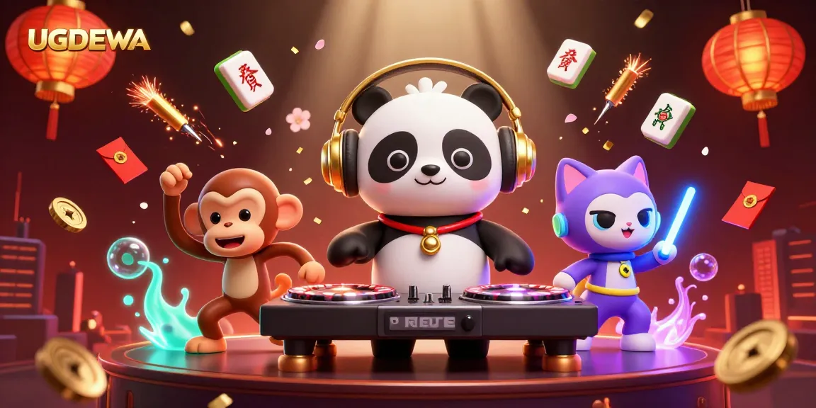 Play slots and win big at UGDEWA with vibrant characters in a lively casino scene.