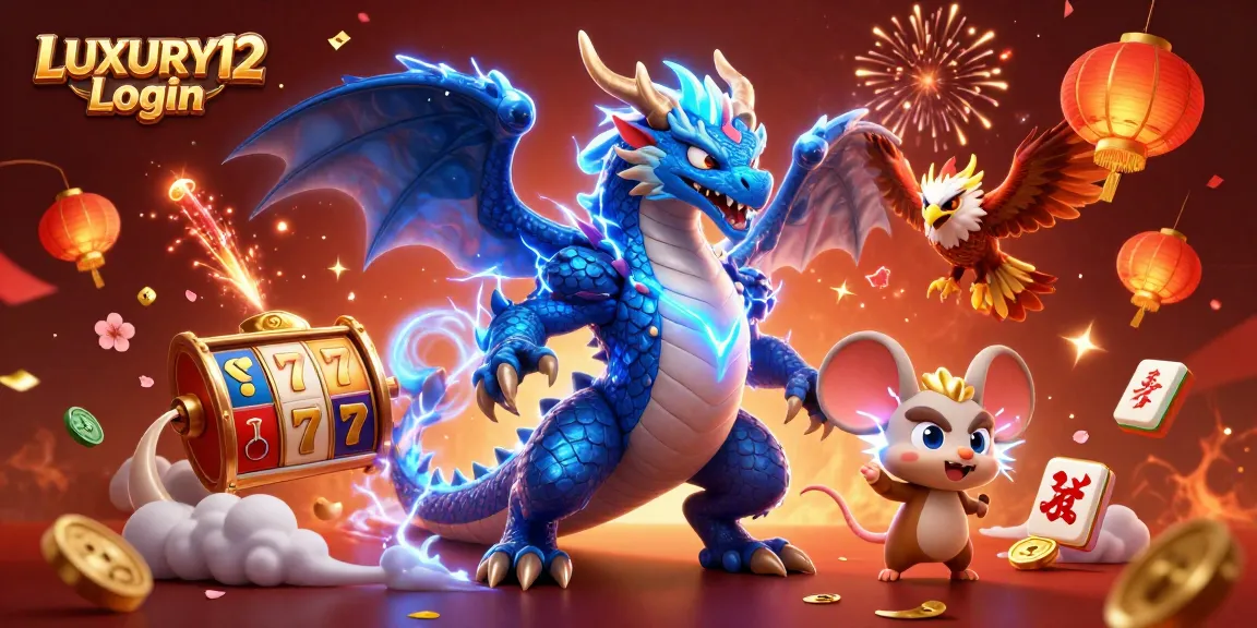 LUXURY12 Login offers an exciting gaming experience packed with vibrant slot reels and characters in dynamic casino settings.