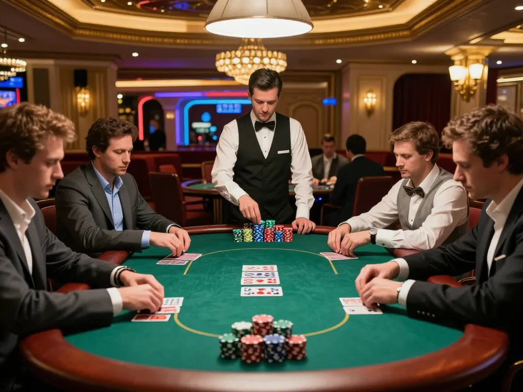 MPOID players strategize in an upscale poker game, showcasing intense competition and luxurious casino ambiance.