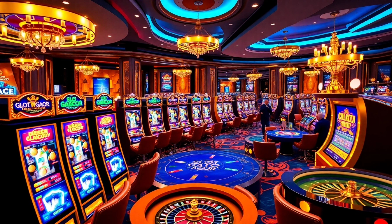 Excited players engaging with Slot Gacor games in a vibrant casino setting filled with slot machines and winning moments.