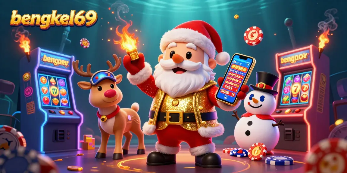 Bengkel69 showcases Santa Claus winning at jackpot slots amid vibrant arcade games.