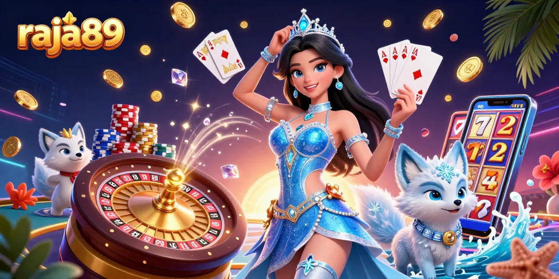 Experience winning with raja89 in a vibrant casino scene filled with golden coins and sparkling gems.