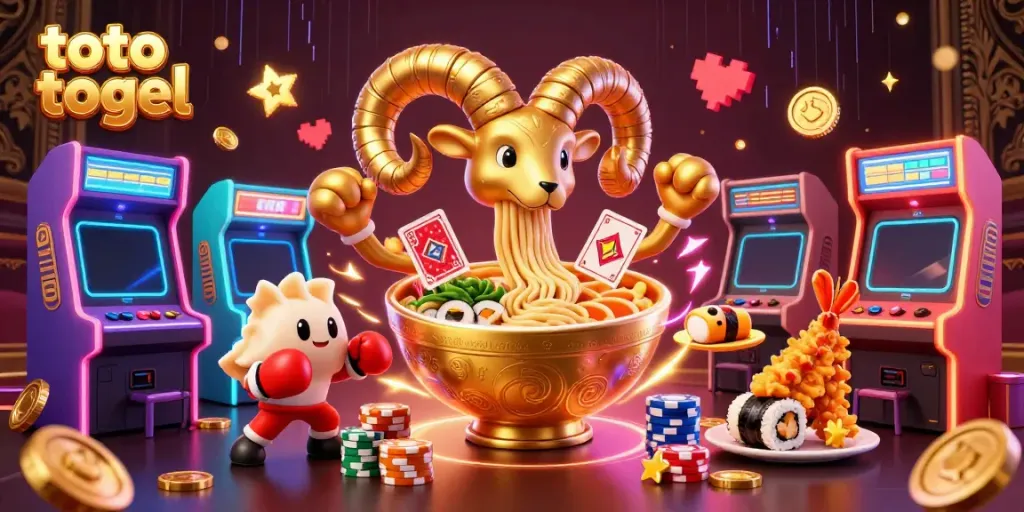 Toto togel themed 3D cartoon illustration featuring a giant golden ramen bowl with noodle tentacles dealing cards and stacking chips.