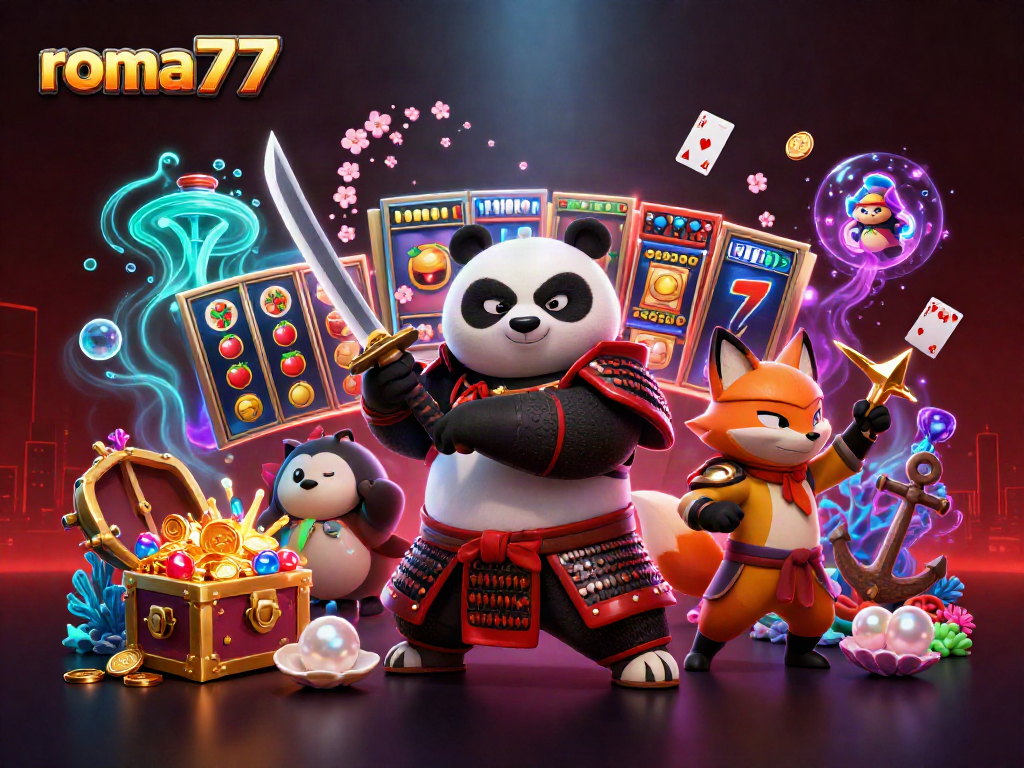 Karakter samurai panda dan rubah ninja mempromosikan roma77 sambil bermain slot di suasana penuh energi.