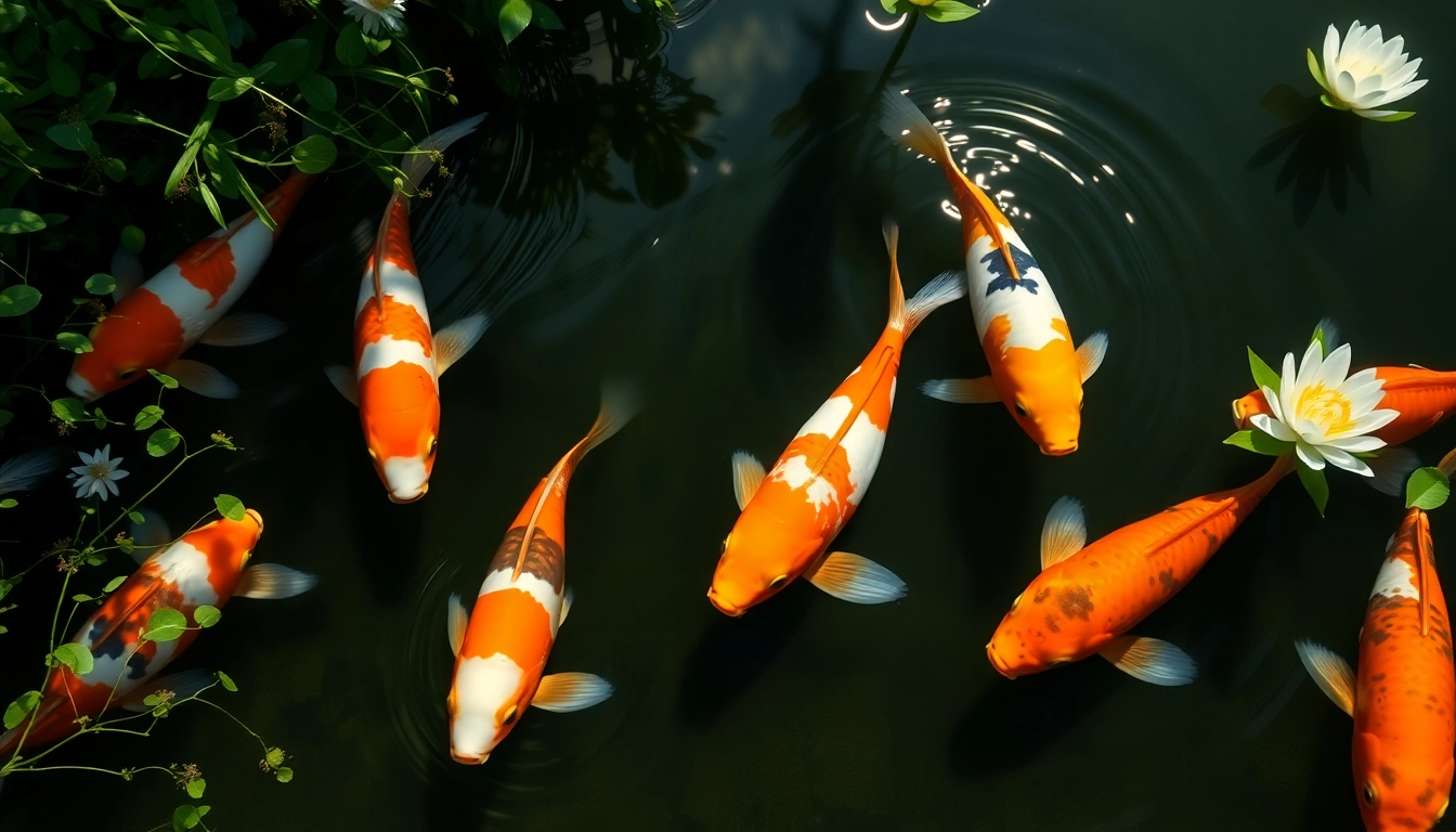 Koi toto berenang di kolam indah dikelilingi tanaman hijau yang segar.