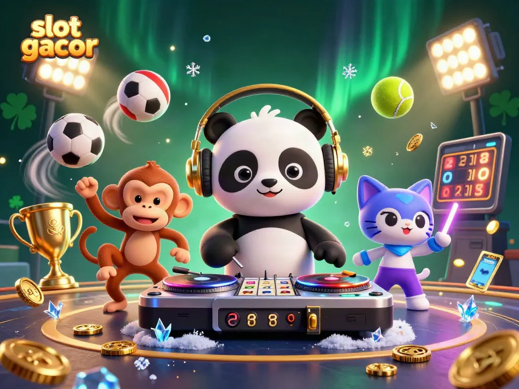 Permainan slot gacor dengan DJ panda dan dekorasi 3D yang meriah di latar belakang.