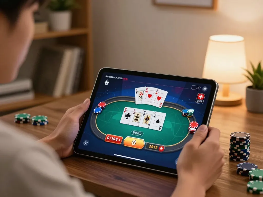 Engaging with jangkar55 online poker on a tablet in a cozy home setting, emphasizing strategic gameplay.