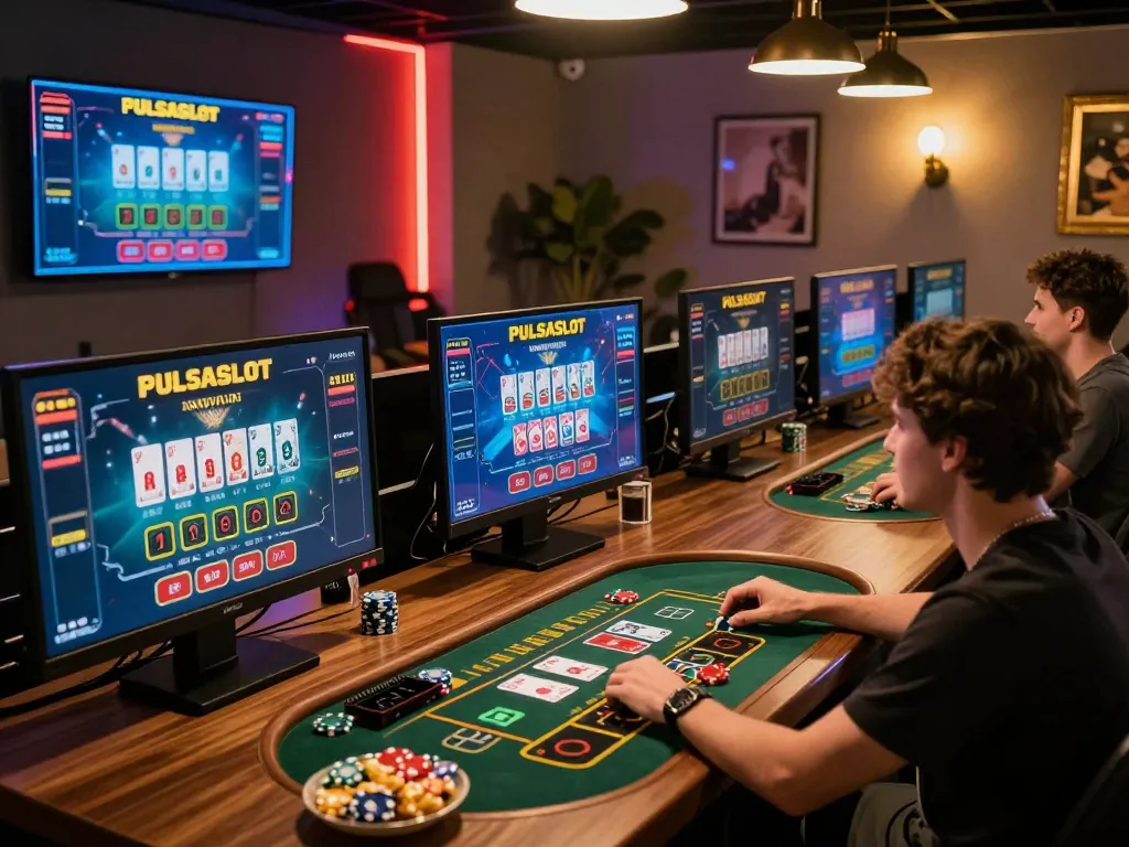 PULSASLOT players enjoying an online live dealer game with excitement in a cozy gaming setup.