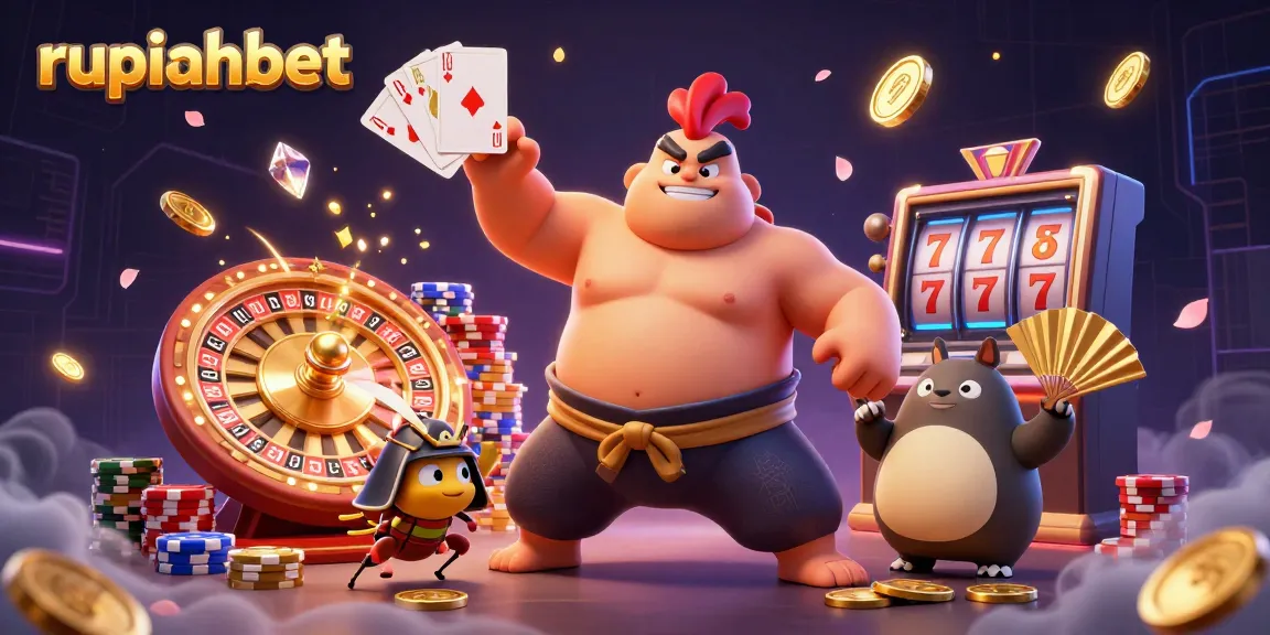 Experience the thrill of rupiahbet with a dynamic scene featuring a sumo wrestler, samurai cricket, and tanuki announcer amidst flying coins and game elements.