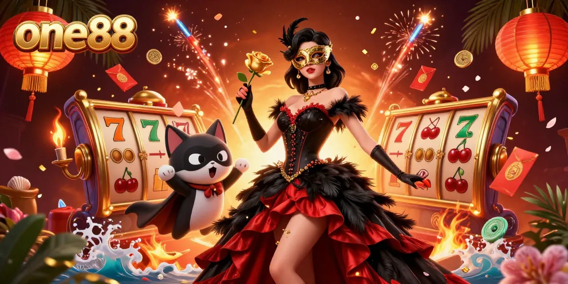 Experience the thrill of gaming with one88 in this vibrant casino scene depicting a stunning woman, elaborate casino elements, and festive accents.