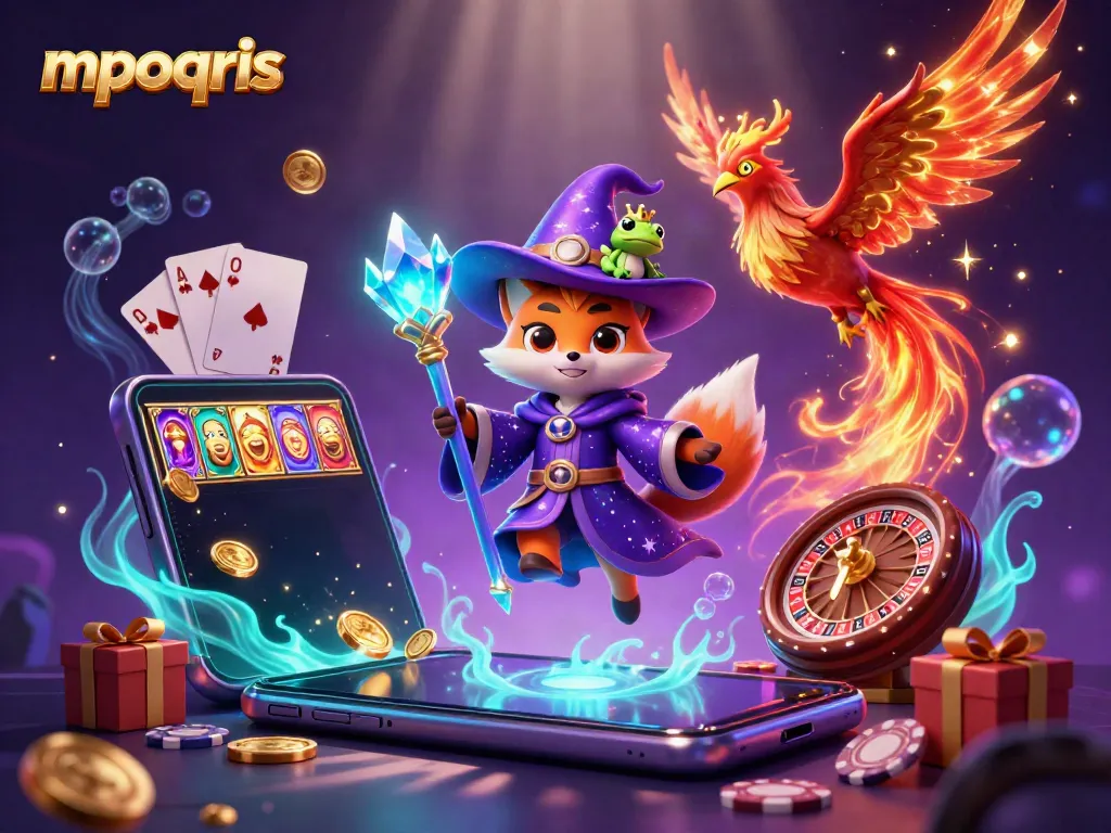 Gambarkan mpoqris dalam ilustrasi 3D kasino dengan naga, permainan, dan elemen magis.