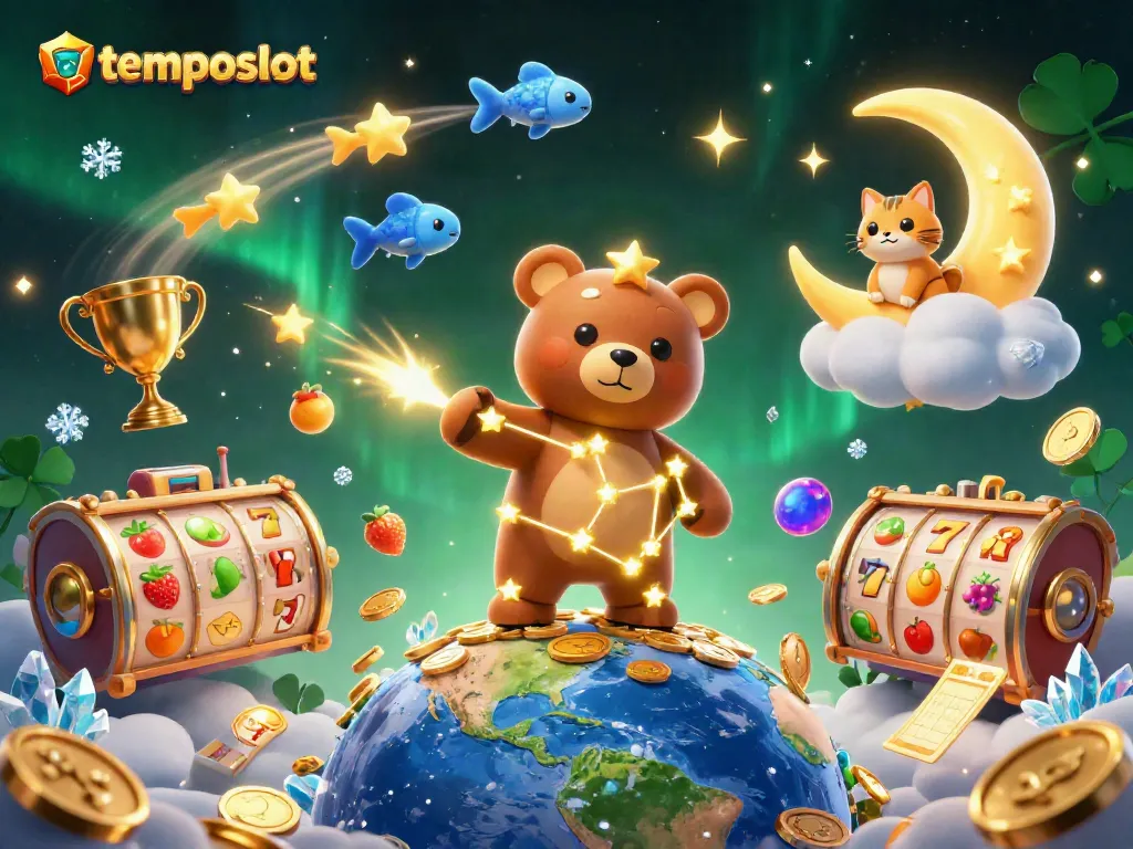 Experience the thrill of temposlot with vibrant slot reels and exciting characters in a lively casino scene.