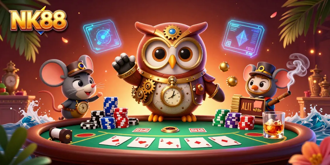 Experience energetic poker action with NK88 featuring a time-traveler owl and vibrant casino elements.