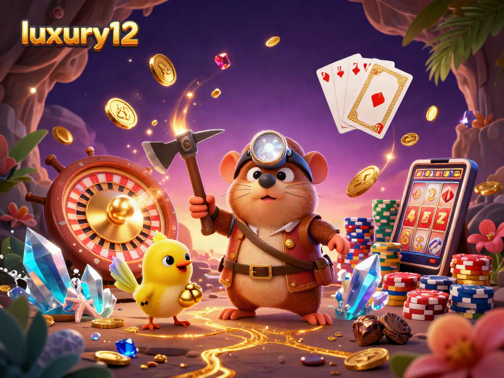 Experience luxury12 with a lively scene of a treasure hunter mole amidst casino elements.