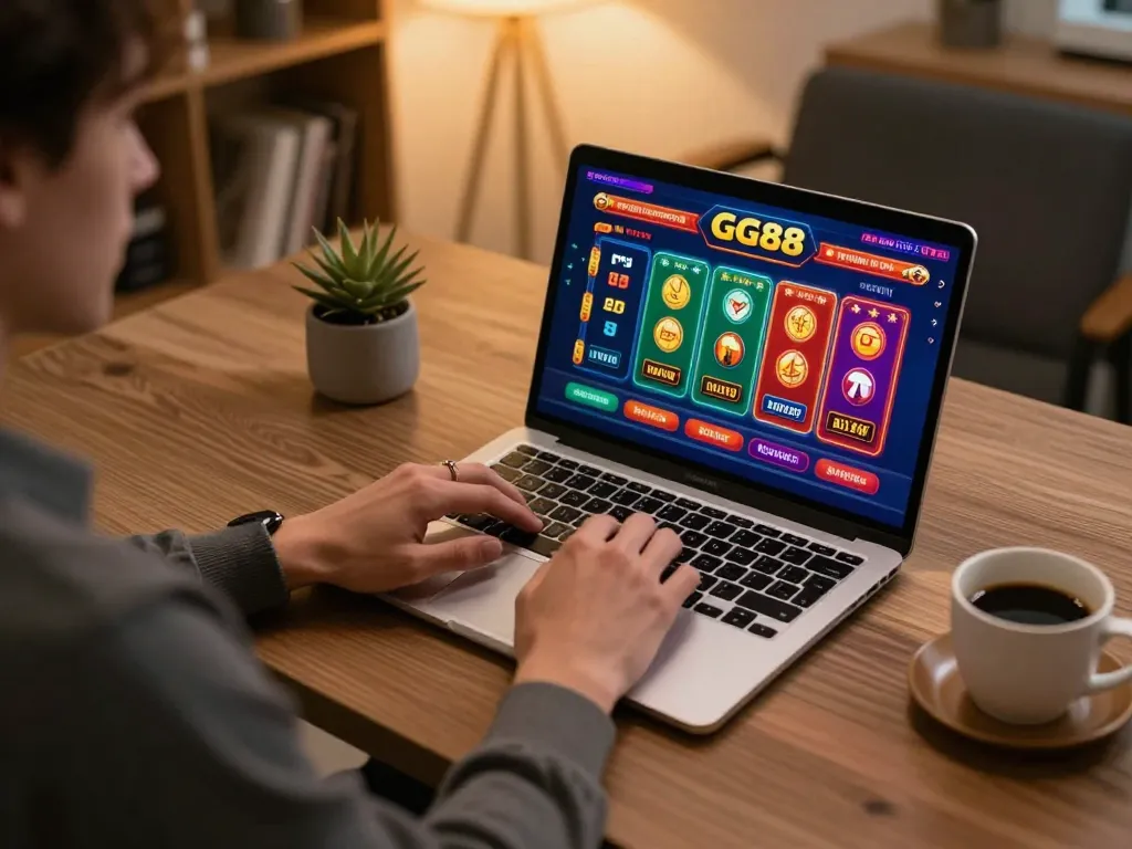 Engaging in online gaming on GG88 casino, showcasing vibrant games on screen and a cozy setup.