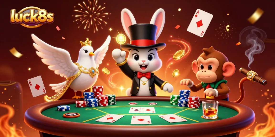 Engage in thrilling poker action with luck8s, as a magician rabbit unveils golden coins amidst vibrant game elements.