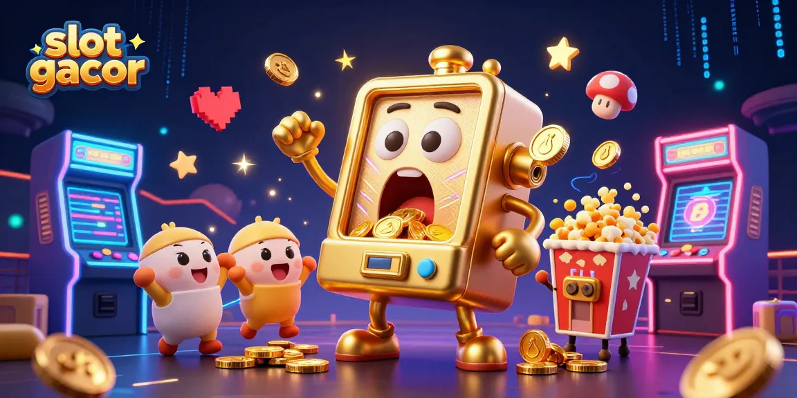 Experience the excitement of slot gacor with a cartoon golden slot machine winning a jackpot.