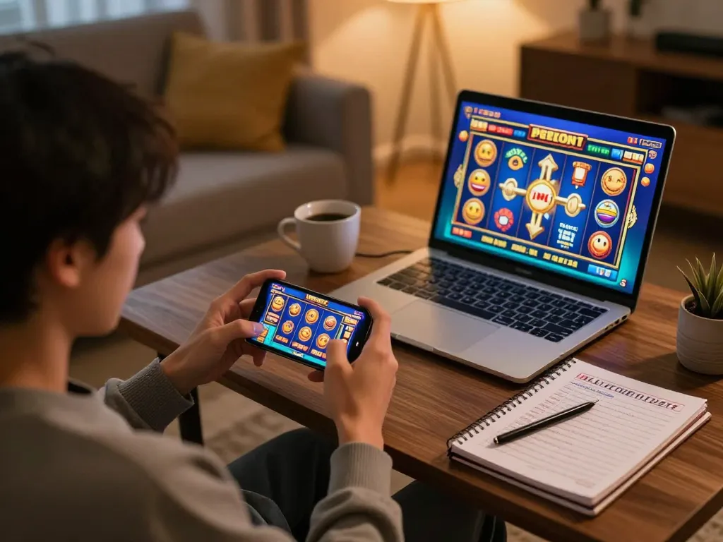 UGDEWA user enjoying mobile slot games in a cozy setting, demonstrating online gaming excitement.