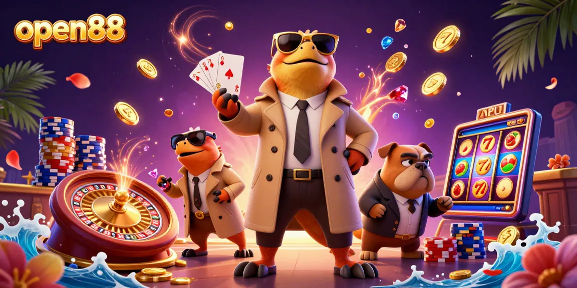 Experience the excitement of open88 with cartoon raptors entering a VIP casino surrounded by vibrant slot elements.