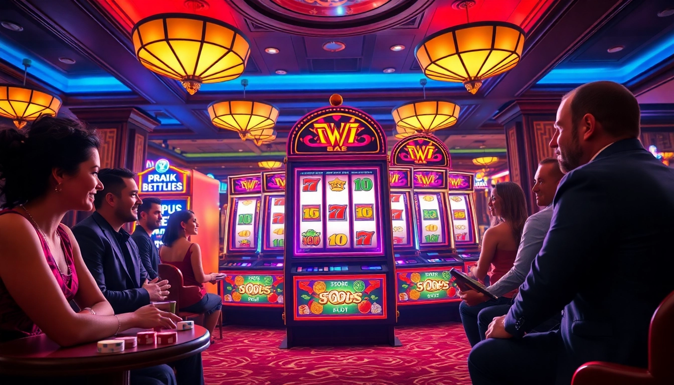 Enjoying a vibrant demo slot experience with illuminated reels and enthusiastic players.