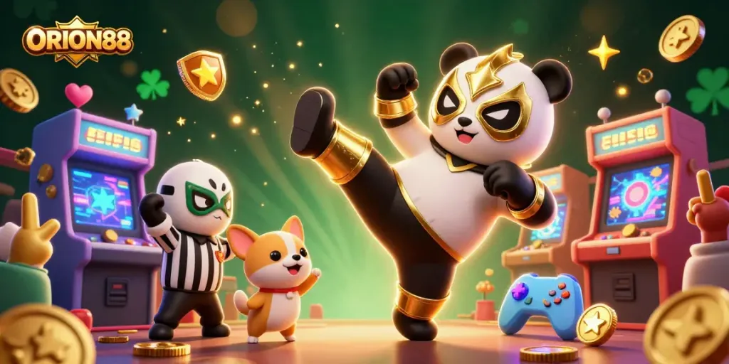 Engage with ORION88's vibrant gaming scene featuring a wrestling panda, embracing excitement and fun!