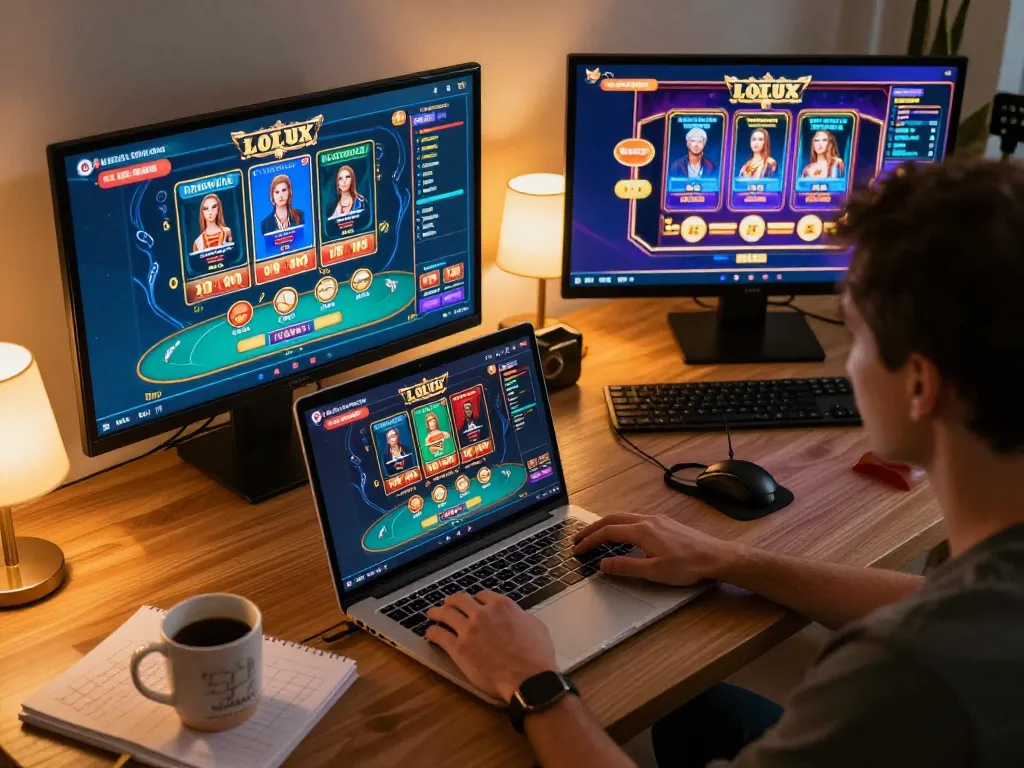 Engaging in LGOLUX online casino game with multiple screens showcasing lively gameplay.