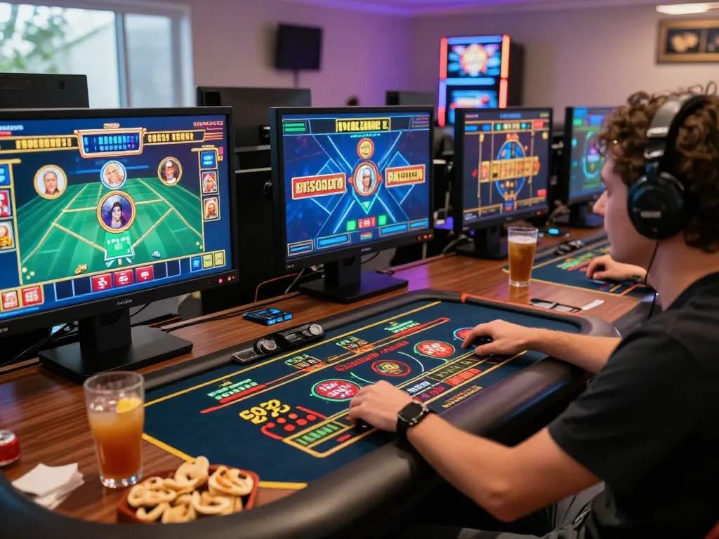 Player actively engaging with q23win.com on multiple screens showcasing live dealer and slot games.