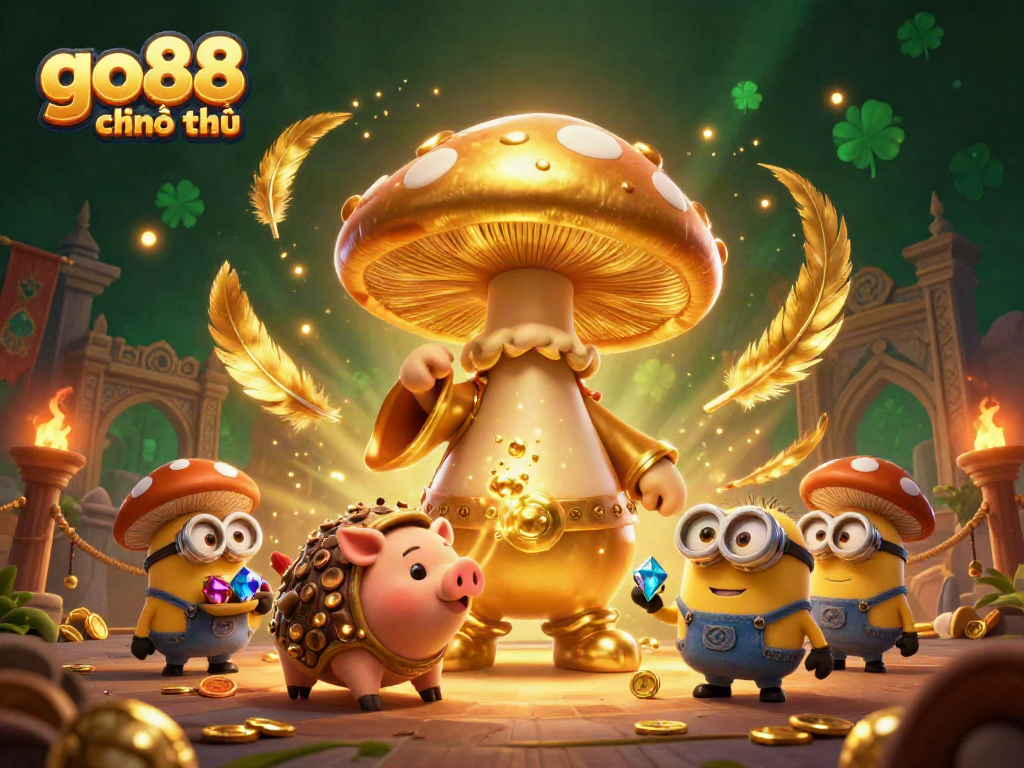 Engage with go88 chính thức in this vibrant 3D casino illustration, showcasing a golden mushroom wizard and treasures.