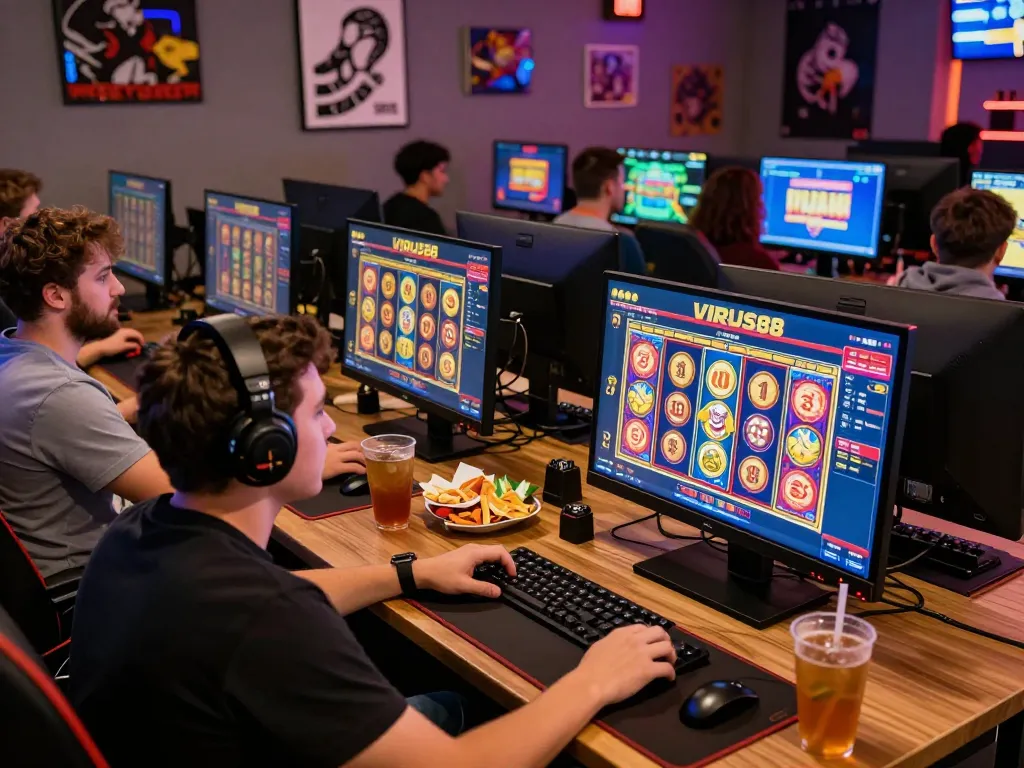 Pemain menikmati pengalaman slot online VIRUS88 dengan tampilan berwarna-warni dan camilan.