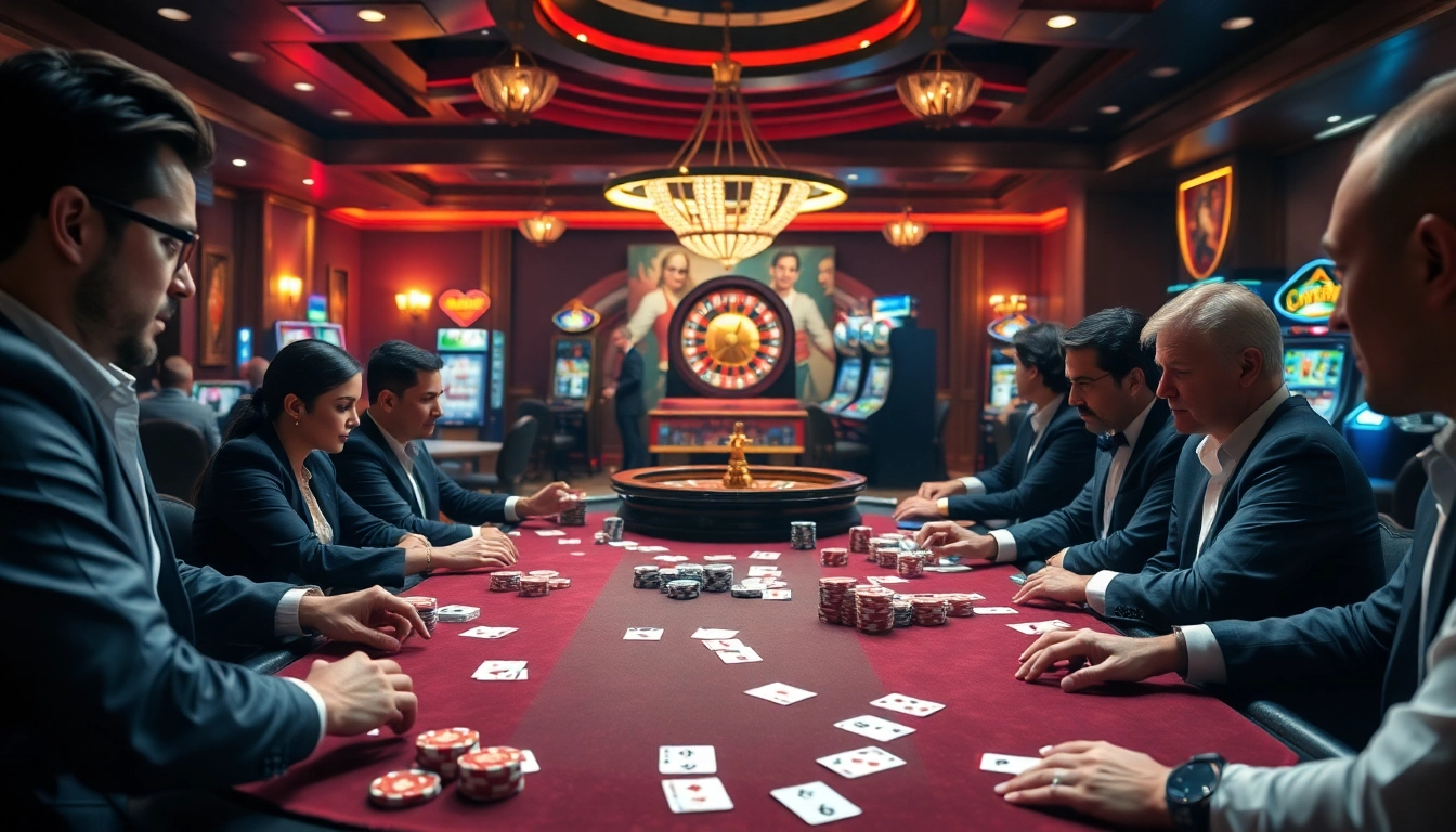 Engaged players strategizing at a jagoan86 poker table, surrounded by vibrant casino elements.