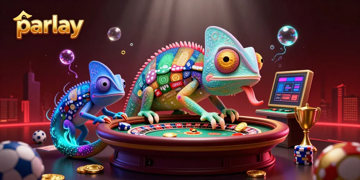 Engage with this vibrant parlay-themed scene showcasing a lively chameleon casino owner amidst dynamic sports betting elements.