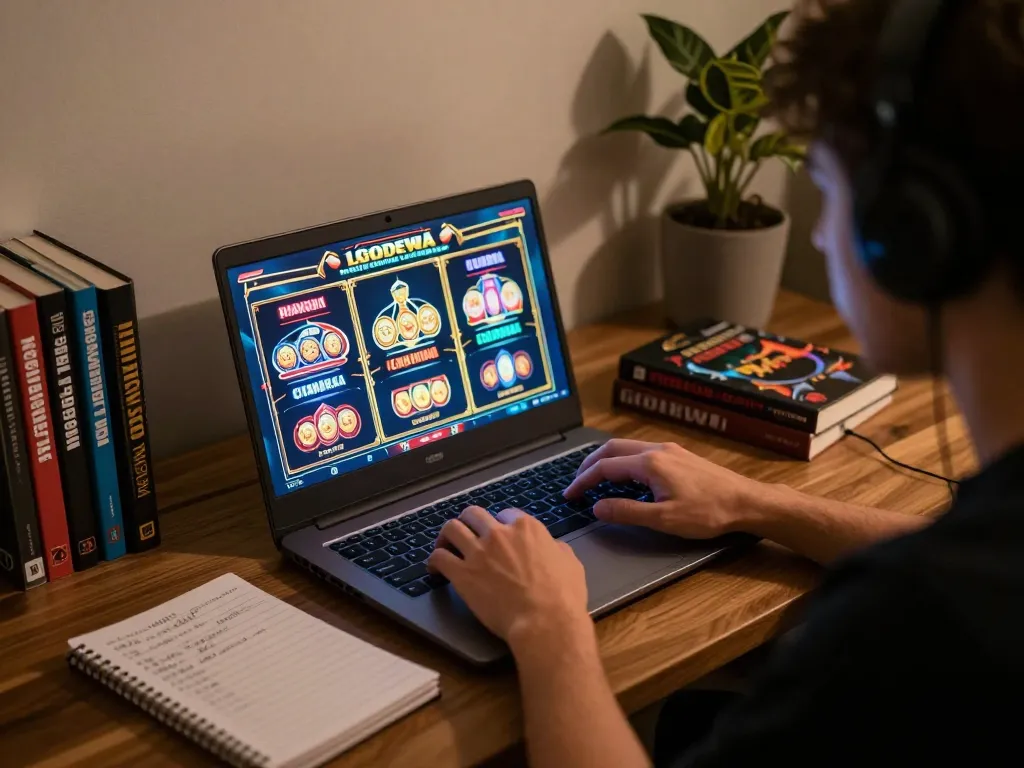Engaging online slot gameplay on LGODEWA from a cozy home setup with a focused player.