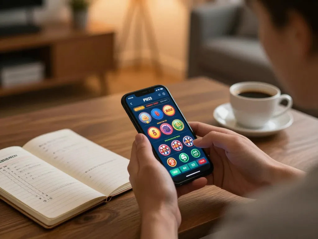 Player using the PH22 app for online casino gaming, featuring smartphone and strategic notes.
