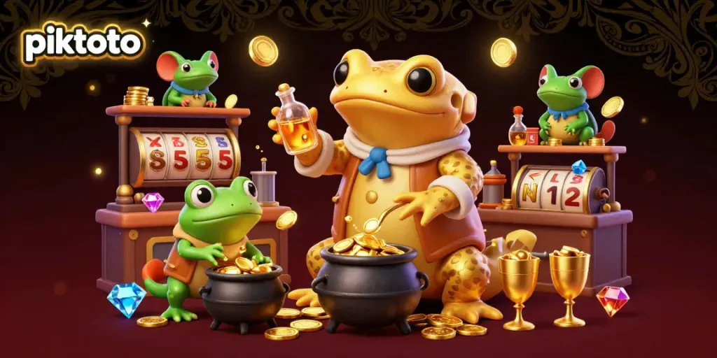 Piktoto's giant salamander alchemist and frog apprentice engage in gold transformation within a vibrant casino setting.