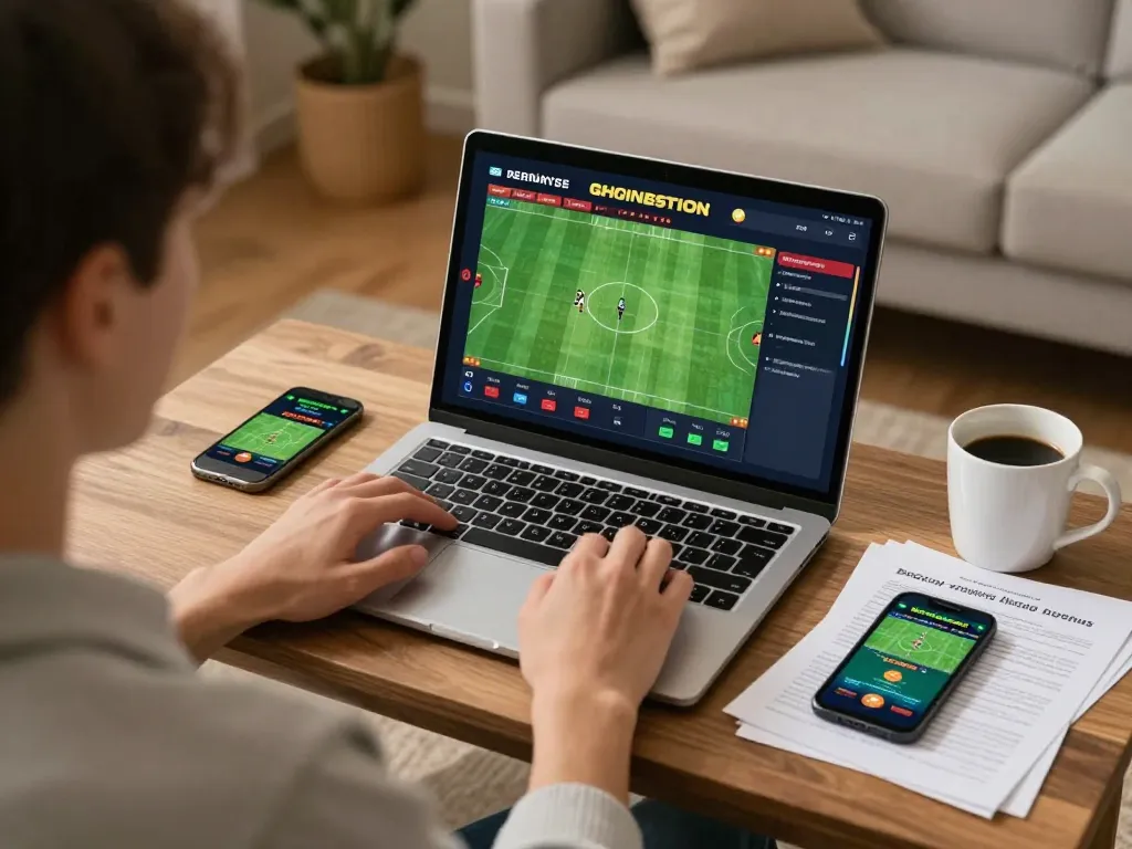 Engage in sports betting at https://ta88at.com/ using a laptop in a cozy home setup.