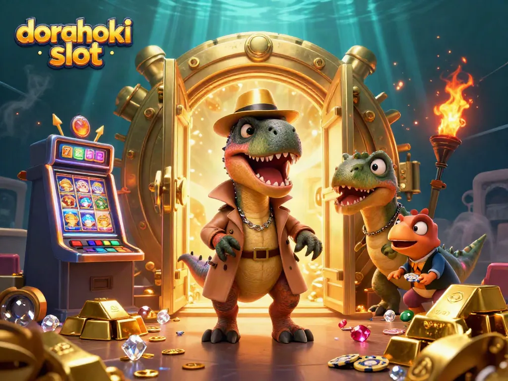 Putaran mesin slot Dorahoki Slot dengan karakter kartun dino, dikelilingi harta karun emas.
