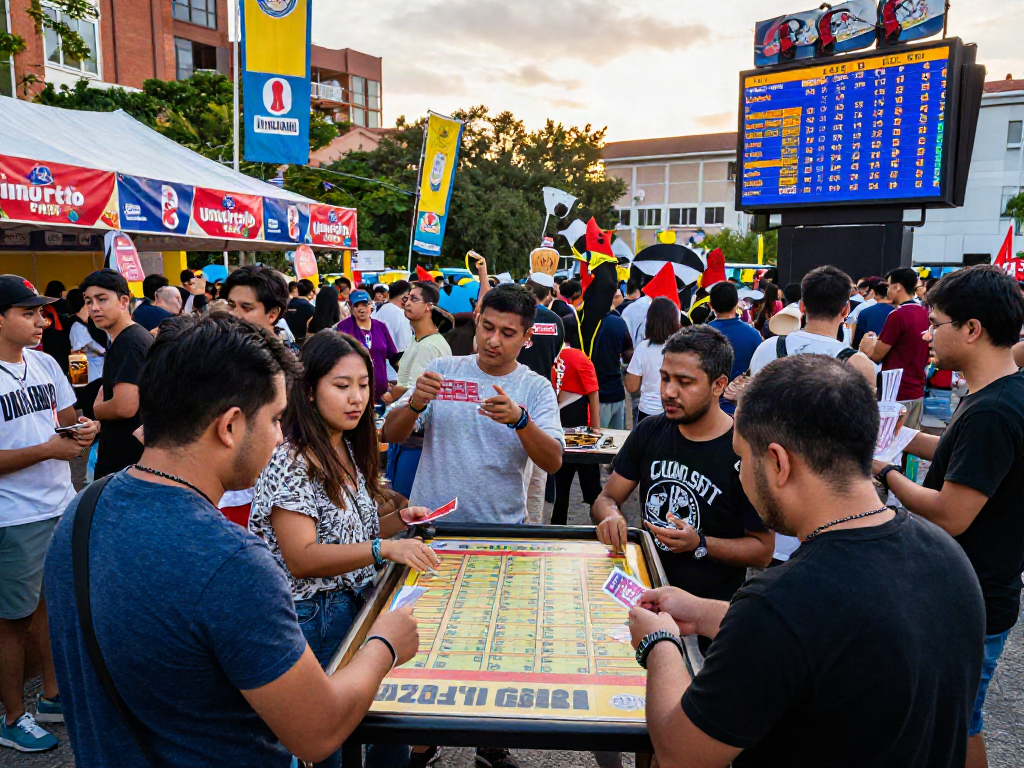 Diverse crowd enjoying the unsurtoto lottery game in a vibrant urban setting.