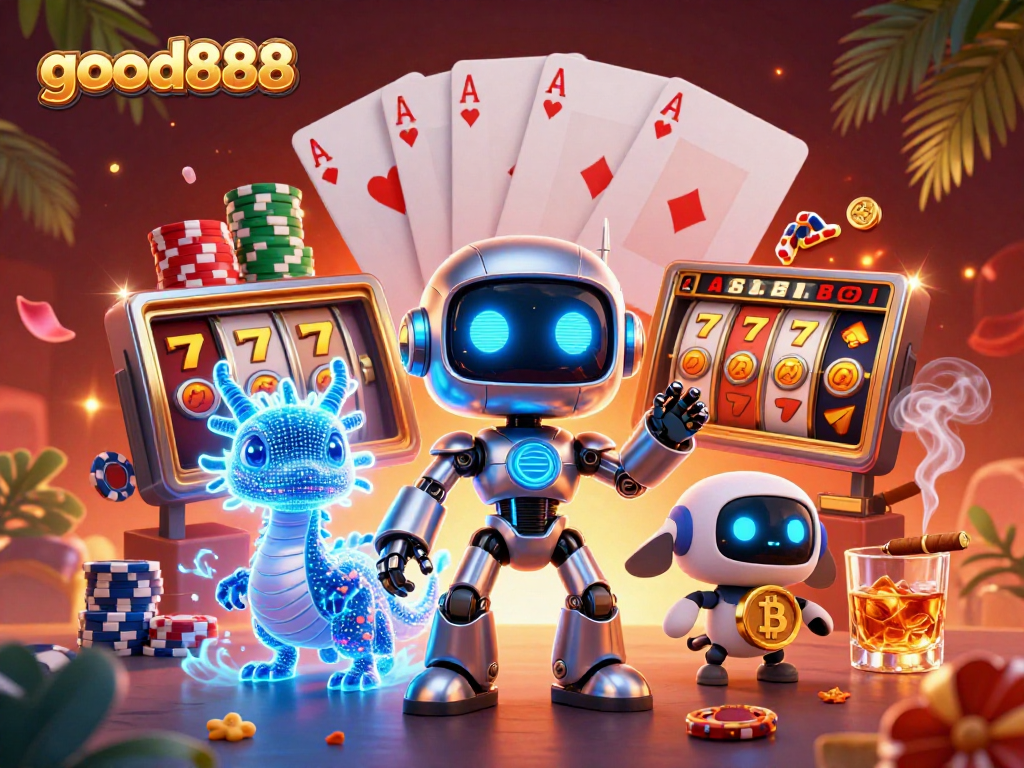 Experience thrilling jackpot games and captivating slots with good888's vibrant 3D casino illustration.