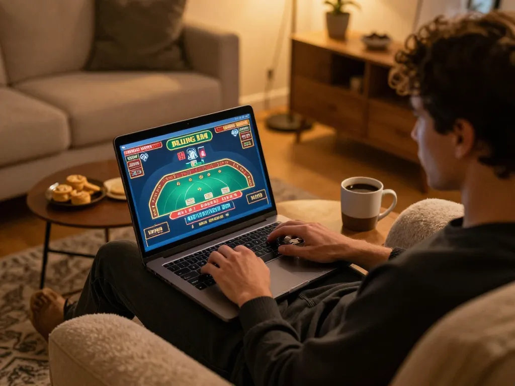 Player engaging in online casino gameplay at home using TG88 platform, showcasing interactive gaming atmosphere.