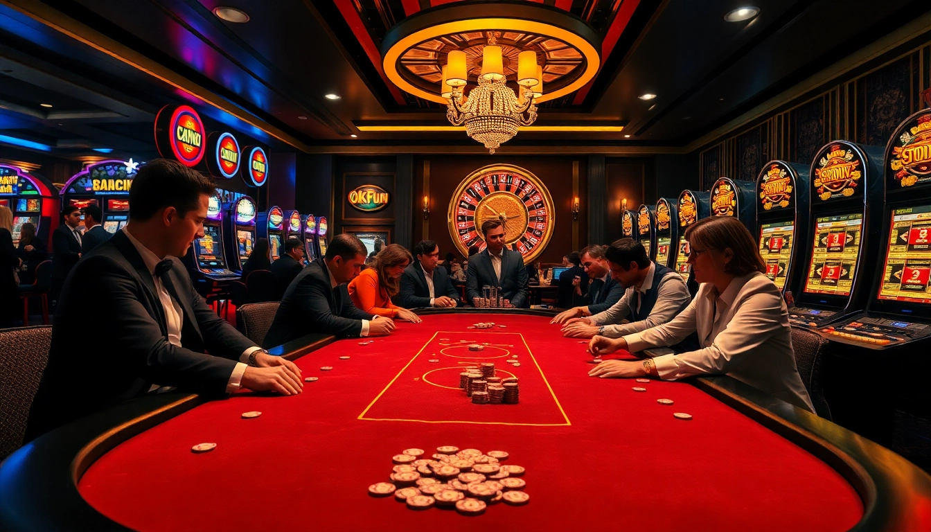 Experience high-stakes poker action at Okfun casino with vibrant lights and excited players.