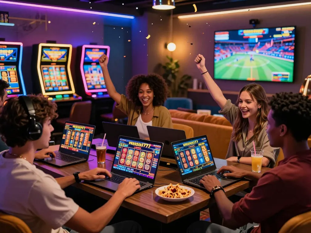Friends enjoying thrilling games on vegasslot77.com with vibrant lights and festive snacks.